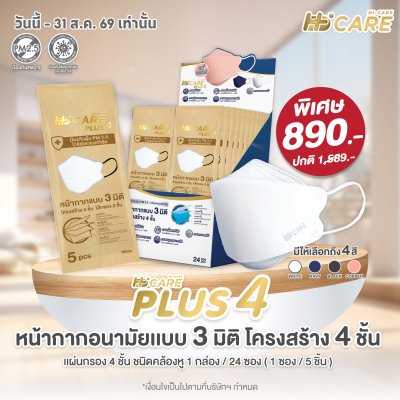 Hi-Care PLUS4 หน้ากากแบบ 3 มิติ หนาพิเศษ แผ่นกรอง 4 ชั้นชนิดคล้องหู 1กล่องบรรจุ24ซอง [ซองละ 5 ชิ้น]