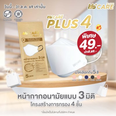 Hi-Care Plus 4 หน้ากากแบบ 3 มิติ หน้ากากอนามัยหนาพิเศษ แผ่นกรอง 4 ชิ้นชนิดคล้องหู