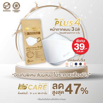Hi-Care Plus 4 หน้ากากแบบ 3 มิติ หน้ากากอนามัยหนาพิเศษ แผ่นกรอง 4 ชิ้นชนิดคล้องหู