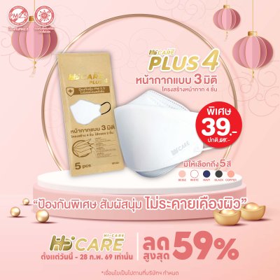 Hi-Care Plus 4 หน้ากากแบบ 3 มิติ หน้ากากอนามัยหนาพิเศษ แผ่นกรอง 4 ชิ้นชนิดคล้องหู