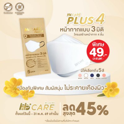 Hi-Care Plus 4 หน้ากากแบบ 3 มิติ หน้ากากอนามัยหนาพิเศษ แผ่นกรอง 4 ชิ้นชนิดคล้องหู