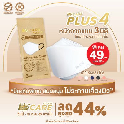 Hi-Care Plus 4 หน้ากากแบบ 3 มิติ หน้ากากอนามัยหนาพิเศษ แผ่นกรอง 4 ชิ้นชนิดคล้องหู