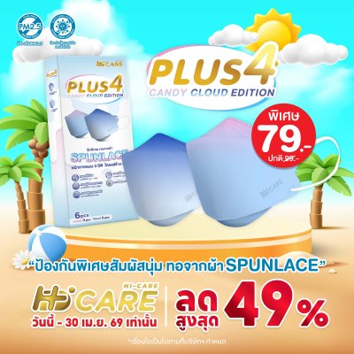 Hi-Care PLUS4 รุ่นผ้าทอพิเศษ จากผ้า SPUNLACE หน้ากากแบบ 3 มิติ  (รองรับ PM2.5 กรองเชื้อโรค) แผ่นกรอง 4 ชั้น
