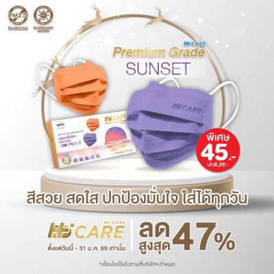 Hi-Care Premium Grade Sunset หน้ากากอนามัยหนาพิเศษ (รองรับ PM2.5 กรองเชื้อโรค) แผ่นกรอง 3 ชั้น ชนิดคล้องหู / 10 ชิ้น