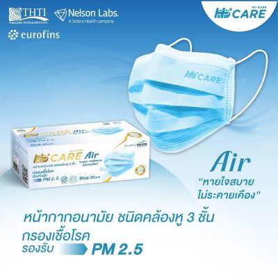Hi-Care Air [เซท3กล่อง(สีชมพู,สีฟ้า,สีเขียว)] หน้ากากอนามัย เบาสบายหายใจสะดวก แผ่นกรอง3ชั้น กล่องละ 30 ชิ้น
