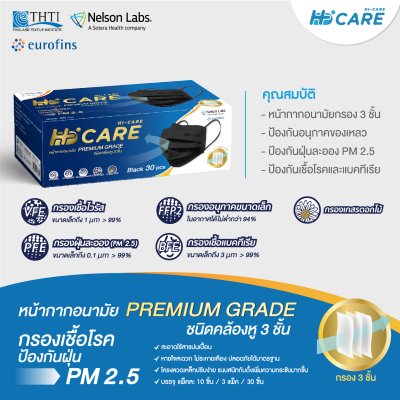 [เซทคู่สุดคุ้ม] Hi-Care Premium Grade หน้ากากอนามัยหนาพิเศษ สีดำ (รองรับ PM2.5 กรองเชื้อโรค) จำนวน 2 กล่อง (1 กล่อง บรรจุ 30 ชิ้น)