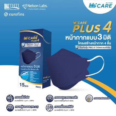 Hi-Care Plus 4 หน้ากากแบบ 3 มิติ หน้ากากอนามัยหนาพิเศษ แผ่นกรอง 4 ชิ้นชนิดคล้องหู
