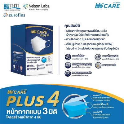 Hi-Care PLUS4 หน้ากากแบบ 3 มิติ หนาพิเศษ แผ่นกรอง 4 ชั้นชนิดคล้องหู 1กล่องบรรจุ24ซอง [ซองละ 5 ชิ้น]