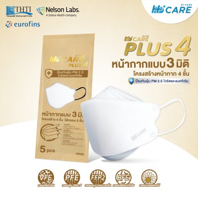 Hi-Care Plus 4 หน้ากากแบบ 3 มิติ หน้ากากอนามัยหนาพิเศษ แผ่นกรอง 4 ชิ้นชนิดคล้องหู