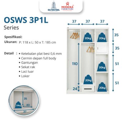 Olymsteel OSWS 3P1L Freya – Lemari Sliding Besi
