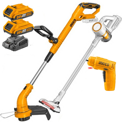 INGCO COMBO SET ชุดเครื่องตัดหญ้าไร้สาย 20 v. + เครื่องดูดฝุ่น + สว่านไร้สาย 4 v. + แบต 2Ah.(2ก้อน) + แท่นชาร์จ [COSLI23032]