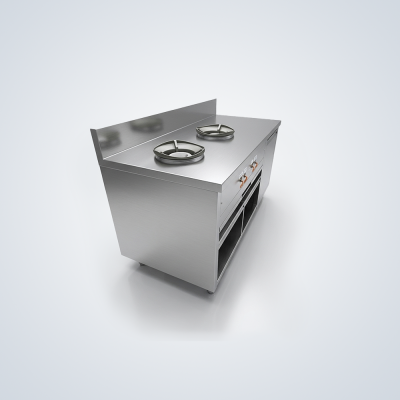 Freestanding Stainless Steel Counter Cabinet with Dual Top Rings, Backsplash, and Front Control Knobs