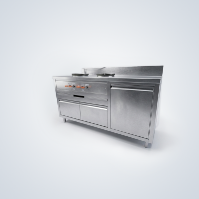 Freestanding Stainless Steel Multi-Compartment Counter Cabinet with Dual Top Rings and Control Valves