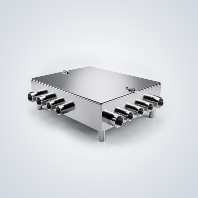 Stainless Steel Rectangular Enclosure with Hinged Lid, Dual Latches, and Multiple Horizontal Pipe Outlets