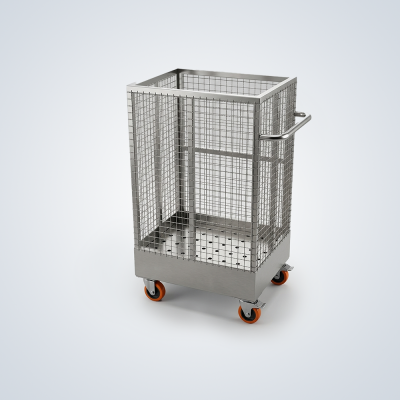 Mobile Stainless Steel Square Wire Mesh Cage Container with Perforated Base Plate and Push Handle
