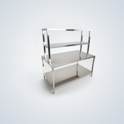 Stainless Steel Multi-Tier Table and Shelving Unit with Integrated 2-Tier Over-Shelf