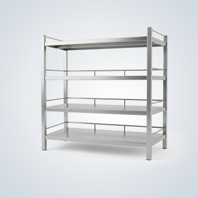 Free-Standing 4-Tier Stainless Steel Solid Shelving Unit with Three-Side Low Guard Rails