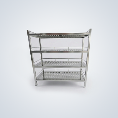 Free-Standing 4-Tier Stainless Steel Perforated Shelving Unit with Side Clear Panels and Low Guard Rails