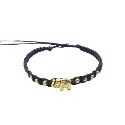 Elephant brass pendant cotton wax bracelet