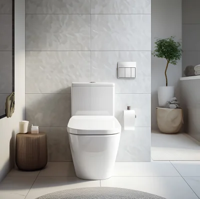 White toilet with the lid up and a plant