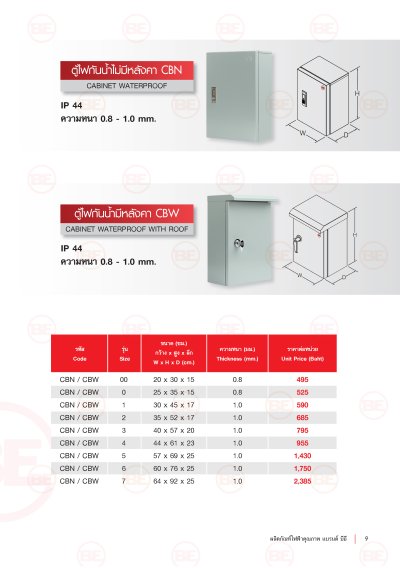 ตู้ไฟกันน้ำมี/ไม่มีหลังคา BE รุ่น CBN/CBW ทรงสี่เหลี่ยม มาตรฐาน IP44 สำหรับงานระบบไฟฟ้า