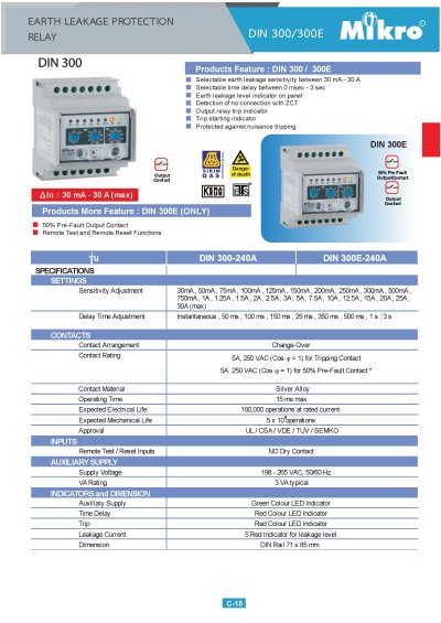 รีเลย์ป้องกันไฟรั่ว Mikro DIN 300 และ DIN 300E สีขาว ติดตั้งบนราง DIN แสดงปุ่มปรับค่าและไฟ LED