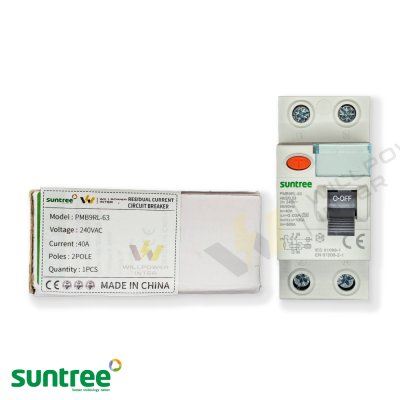 เครื่องตัดไฟรั่ว RCCB SUNTREE รุ่น PMB9RL-63 ขนาด 2P สีขาว สำหรับป้องกันไฟดูดในระบบไฟฟ้า 1 เฟส