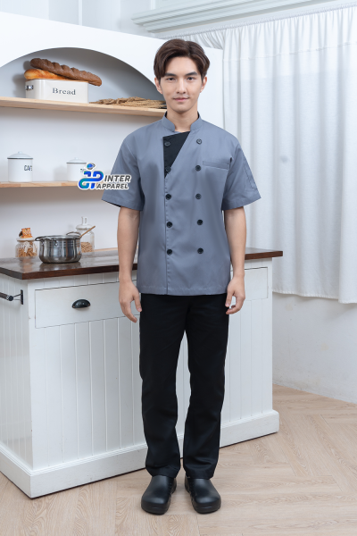 Short sleeve chef jacket with contrast color trim details