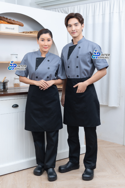 Slate Edge เสื้อเชฟ เสื้อกุ๊ก แขนสั้น คอจีน สีเทาแต่งดำ Slate Edge เสื้อเชฟ เสื้อกุ๊ก แขนสั้น คอจีน สีเทาแต่งดำ