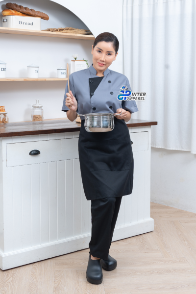 Slate Edge เสื้อเชฟ เสื้อกุ๊ก แขนสั้น คอจีน สีเทาแต่งดำ Slate Edge เสื้อเชฟ เสื้อกุ๊ก แขนสั้น คอจีน สีเทาแต่งดำ