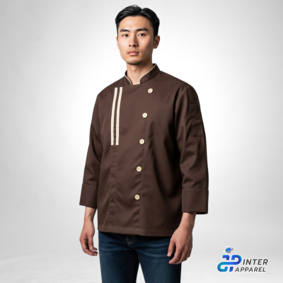 Chef Cocoa Line เสื้อเชฟคอจีน แขนยาว สีน้ำตาลเข้มตัดครีม