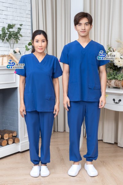 ชุดสครับ คอวี สีน้ำเงิน ขาจั้ม (เสื้อ + กางเกง) ชุดสครับ คอวี สีน้ำเงิน ขาจั้ม (เสื้อ + กางเกง)