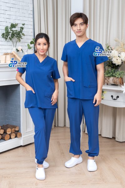 ชุดสครับ คอวี สีน้ำเงิน ขาจั้ม (เสื้อ + กางเกง) ชุดสครับ คอวี สีน้ำเงิน ขาจั้ม (เสื้อ + กางเกง)