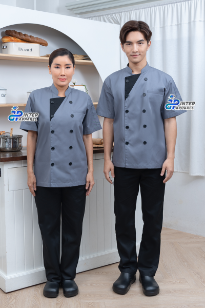 Slate Edge เสื้อเชฟ เสื้อกุ๊ก แขนสั้น คอจีน สีเทาแต่งดำ