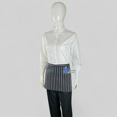 Half apron, 13 inches long, with black and white stripes.