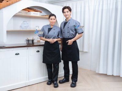 Slate Edge เสื้อเชฟ เสื้อกุ๊ก แขนสั้น คอจีน สีเทาแต่งดำ Slate Edge เสื้อเชฟ เสื้อกุ๊ก แขนสั้น คอจีน สีเทาแต่งดำ