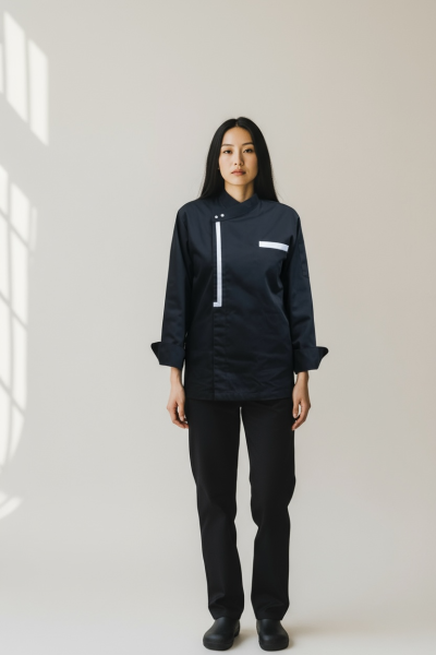 Cross-Collar Long-Sleeve Chef Jacket with White Piping & Pearl Buttons Cross-Collar Long-Sleeve Chef Jacket with White Piping & Pearl Buttons