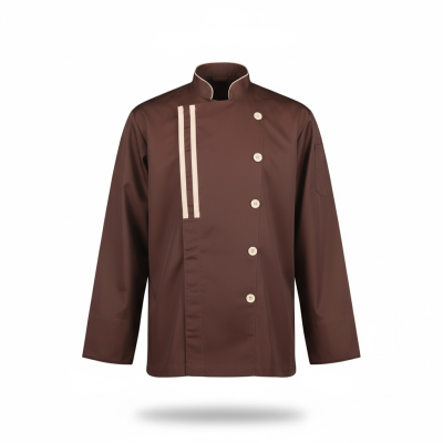 Chef Cocoa Line เสื้อเชฟคอจีน แขนยาว สีน้ำตาลเข้มตัดครีม