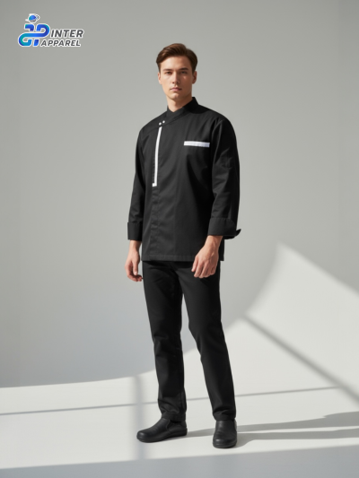 Cross-Collar Long-Sleeve Chef Jacket with White Piping & Pearl Buttons Cross-Collar Long-Sleeve Chef Jacket with White Piping & Pearl Buttons