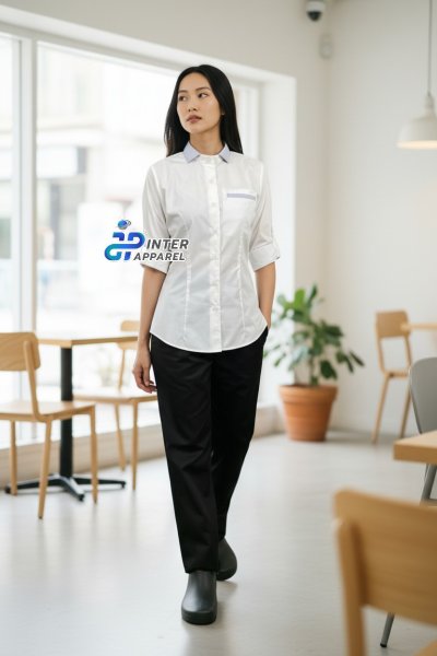 เสื้อพนักงานเสิร์ฟหญิง แขนยาว สีขาว แต่งเทา ยูนิฟอร์มร้านอาหาร