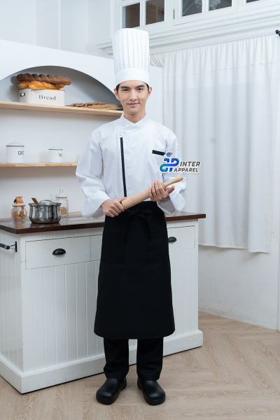 Cross-Collar Long-Sleeve Chef Jacket with Black Piping & Flat Buttons – White Line Signature Cross-Collar Long-Sleeve Chef Jacket with Black Piping & Flat Buttons – White Line Signature