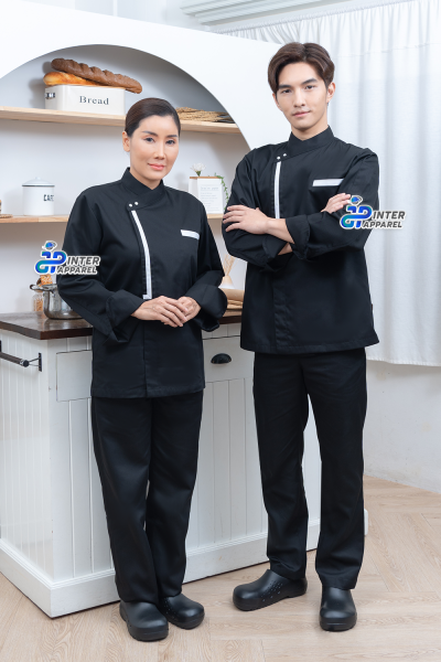 Cross-Collar Long-Sleeve Chef Jacket with White Piping & Pearl Buttons Cross-Collar Long-Sleeve Chef Jacket with White Piping & Pearl Buttons