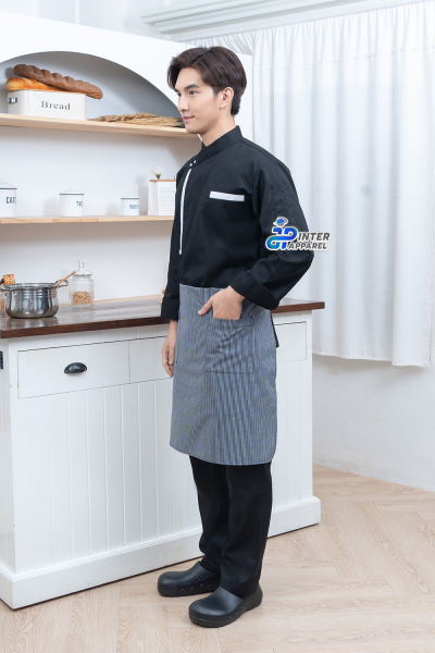 Cross-Collar Long-Sleeve Chef Jacket with White Piping & Pearl Buttons Cross-Collar Long-Sleeve Chef Jacket with White Piping & Pearl Buttons