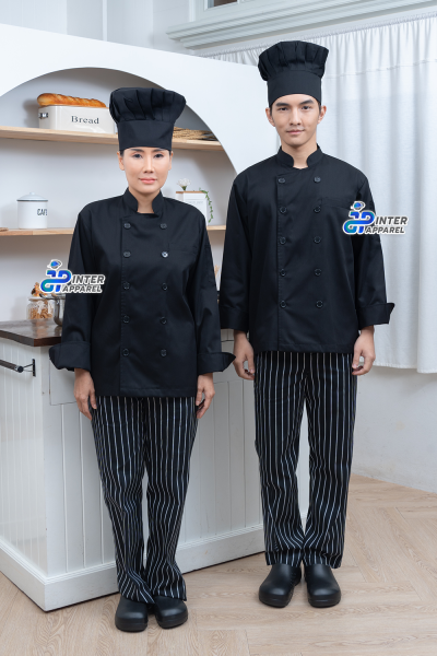 เสื้อเชฟคอจีนแขนยาวสีดำล้วน รุ่น “แบล็คเทรดิชัน” – คอจีนคลาสสิค กระดุม 10 เม็ด