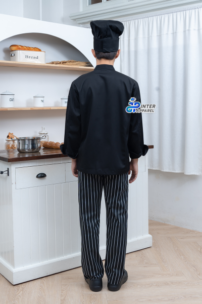 เสื้อเชฟคอจีนแขนยาวสีดำล้วน รุ่น “แบล็คเทรดิชัน” – คอจีนคลาสสิค กระดุม 10 เม็ด
