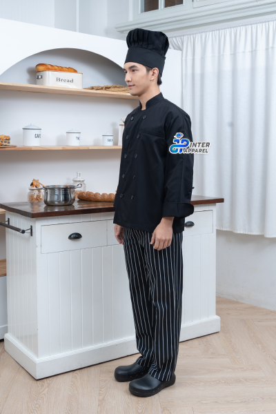 เสื้อเชฟคอจีนแขนยาวสีดำล้วน รุ่น “แบล็คเทรดิชัน” – คอจีนคลาสสิค กระดุม 10 เม็ด