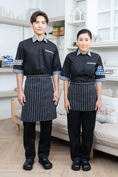Half apron, 13 inches long, with black and white stripes.