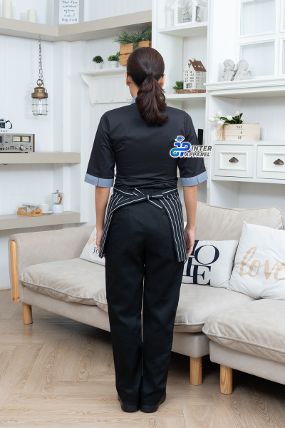 Half apron, 13 inches long, with black and white stripes.