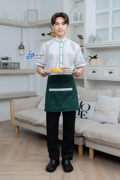 เสื้อเชิ้ต แขนสั้น สีขาวกุ๊นเขียว