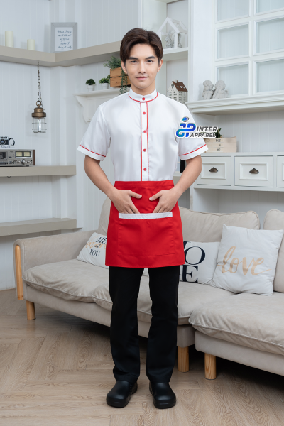 White short-sleeved shirt with red piping.